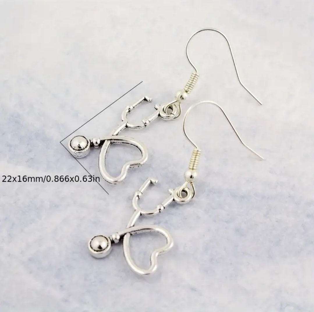 Silver Toned stethoscope heart dangle earring