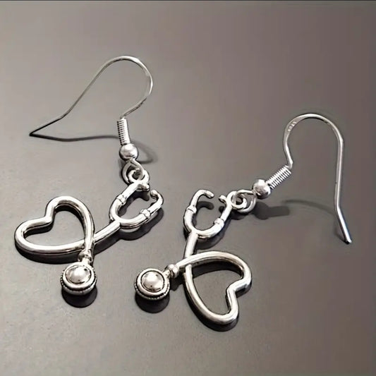 Silver Toned stethoscope heart dangle earring