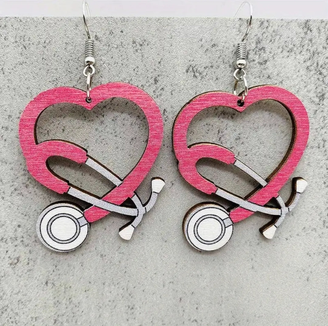 Heart-Shaped Stethoscope Wooden Dangle Earrings - pink or natural wood color