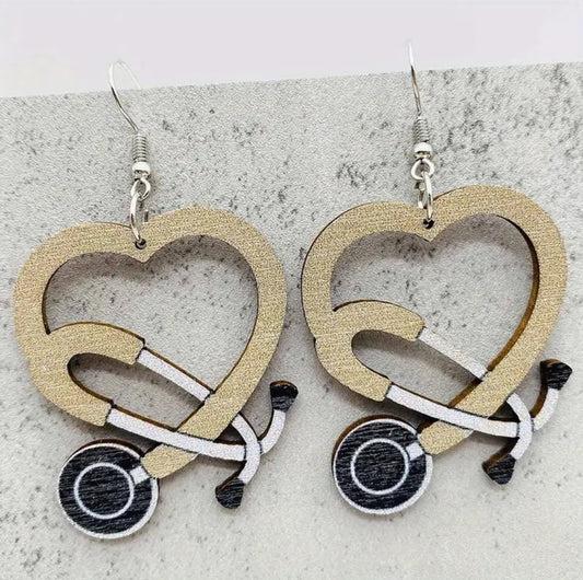 Heart-Shaped Stethoscope Wooden Dangle Earrings - pink or natural wood color